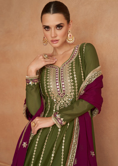Mehendi Green Embroidered Chinon Silk Salwar Suit with Contrast Dupatta By Qivii