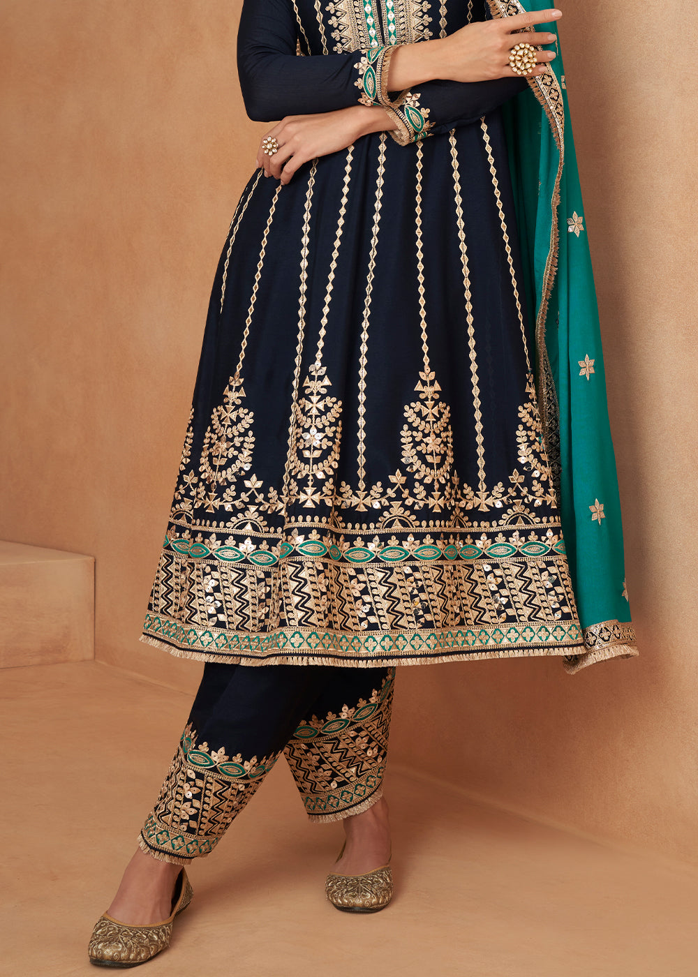 Denim Blue Embroidered Chinon Silk Salwar Suit with Contrast Dupatta By Qivii