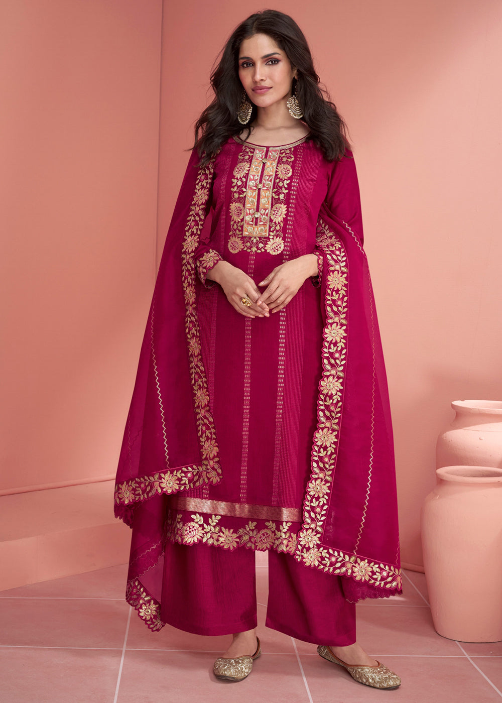 Cerise Pink Embroidered Silk Salwar Suit - qivii
