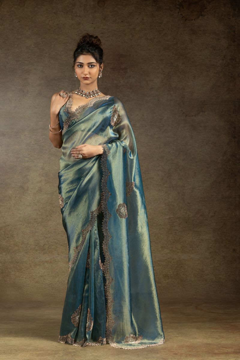 Blue Green Banarasi Silk With Hand Work & Zarkan Work Saree - qivii