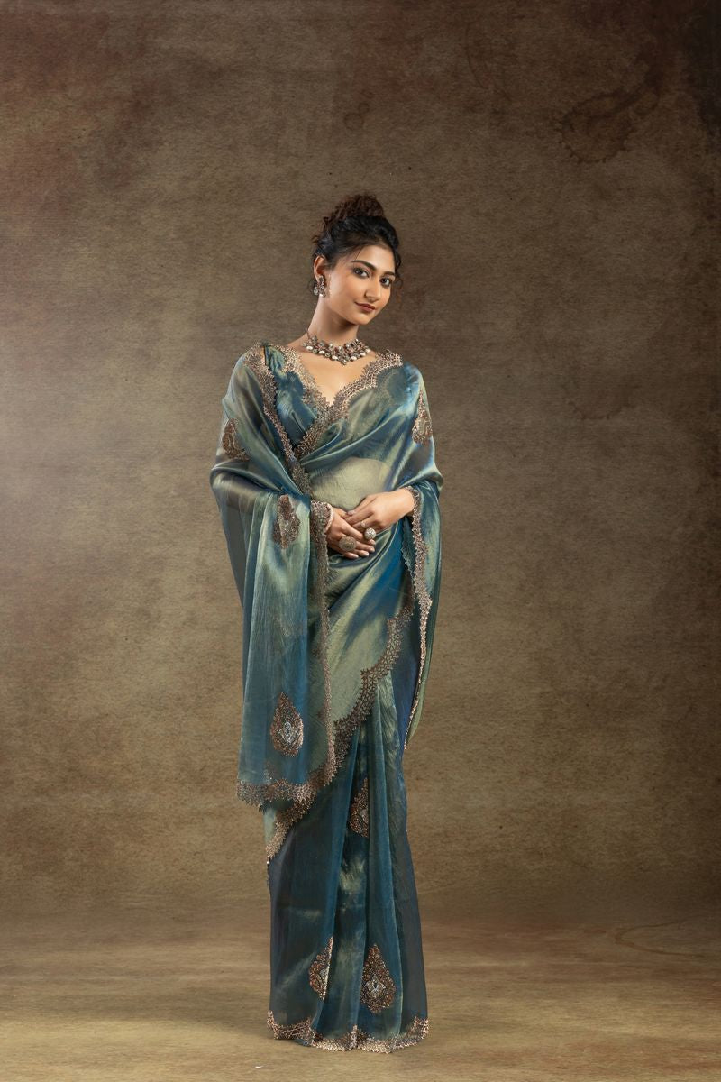 Blue Green Banarasi Silk With Hand Work & Zarkan Work Saree - qivii