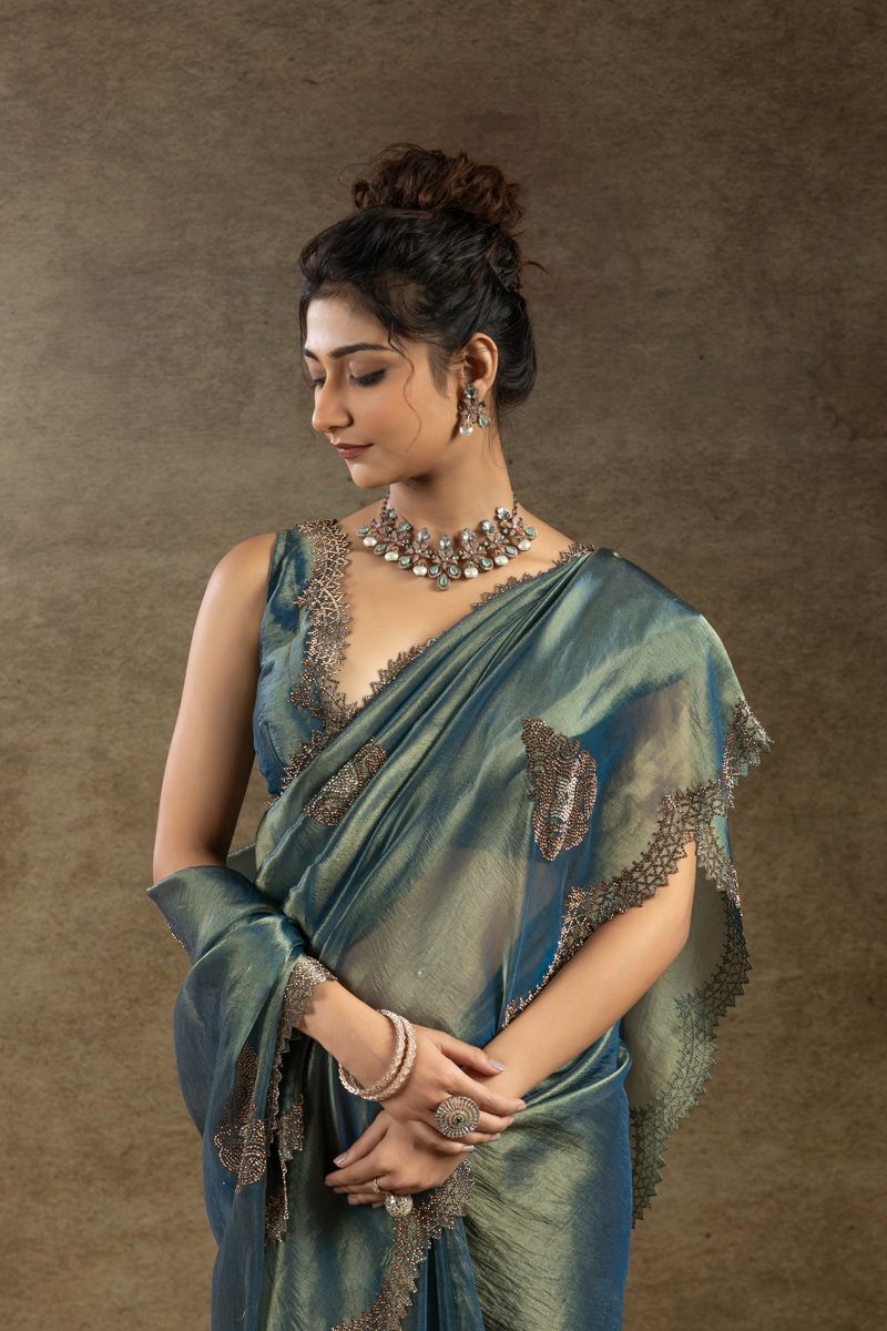 Blue Green Banarasi Silk With Hand Work & Zarkan Work Saree - qivii