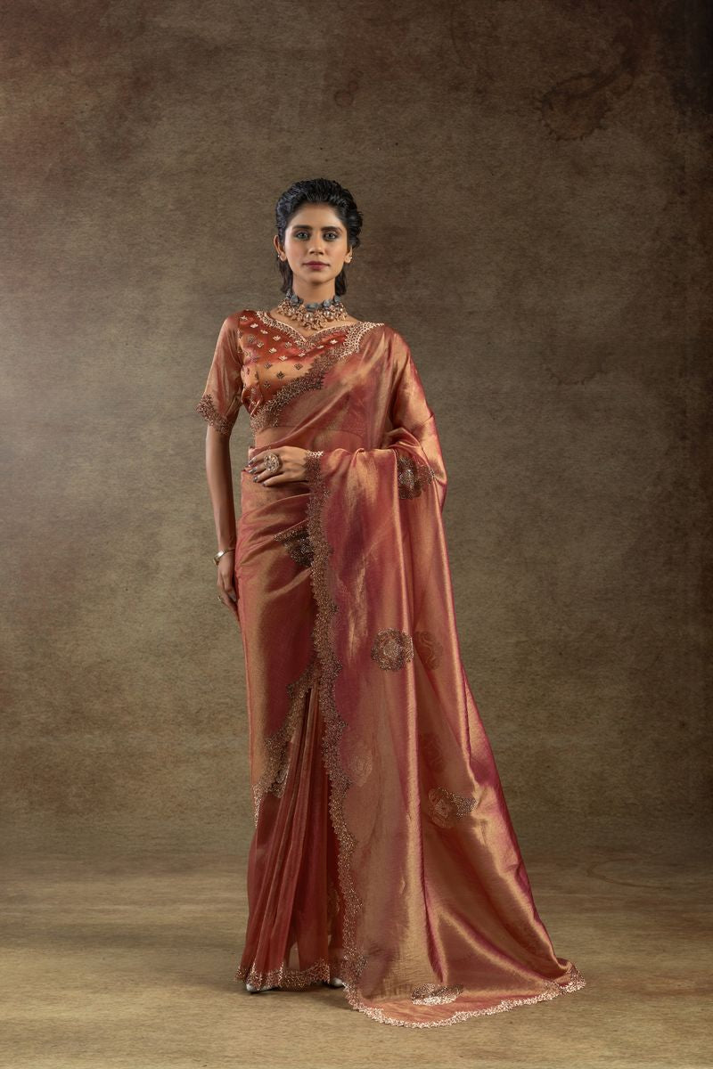 Shaded Orange Banarasi Silk With Hand Work & Zarkan Work Saree - qivii