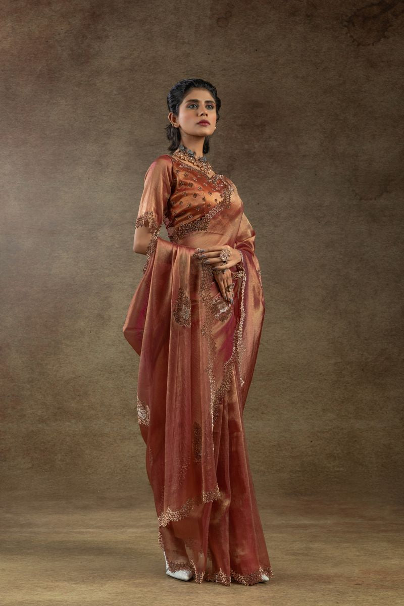Shaded Orange Banarasi Silk With Hand Work & Zarkan Work Saree - qivii