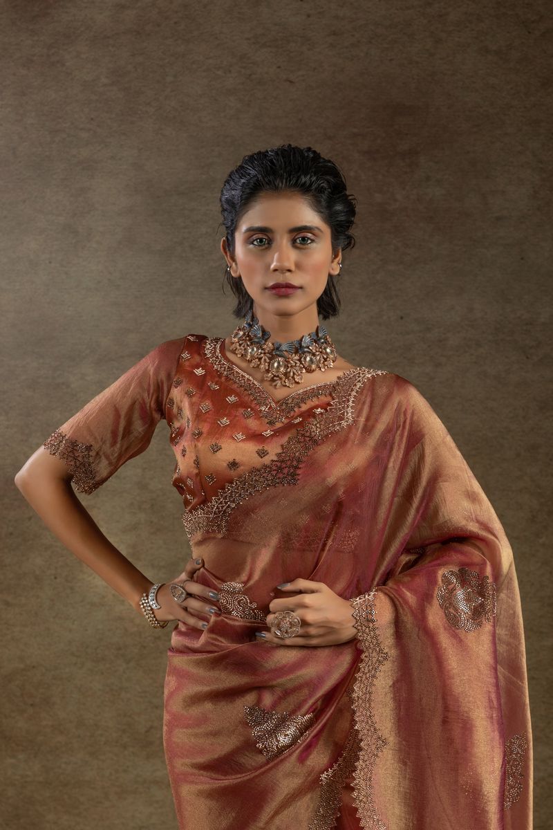 Shaded Orange Banarasi Silk With Hand Work & Zarkan Work Saree - qivii