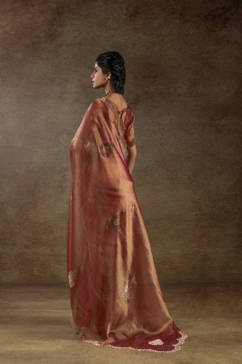 Shaded Orange Banarasi Silk With Hand Work & Zarkan Work Saree - qivii