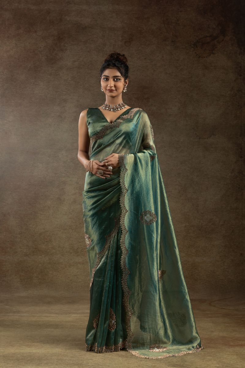 Green Banarasi Silk With Hand Work & Zarkan Work Saree - qivii