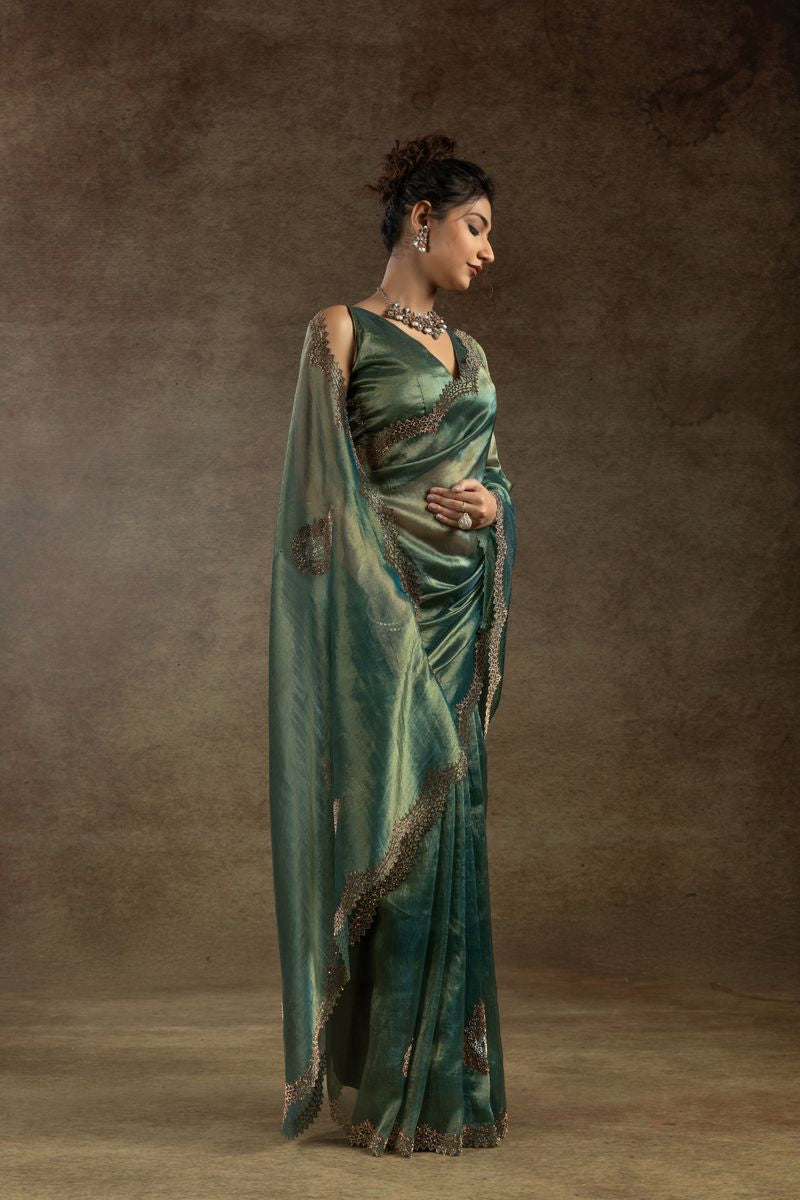 Green Banarasi Silk With Hand Work & Zarkan Work Saree - qivii