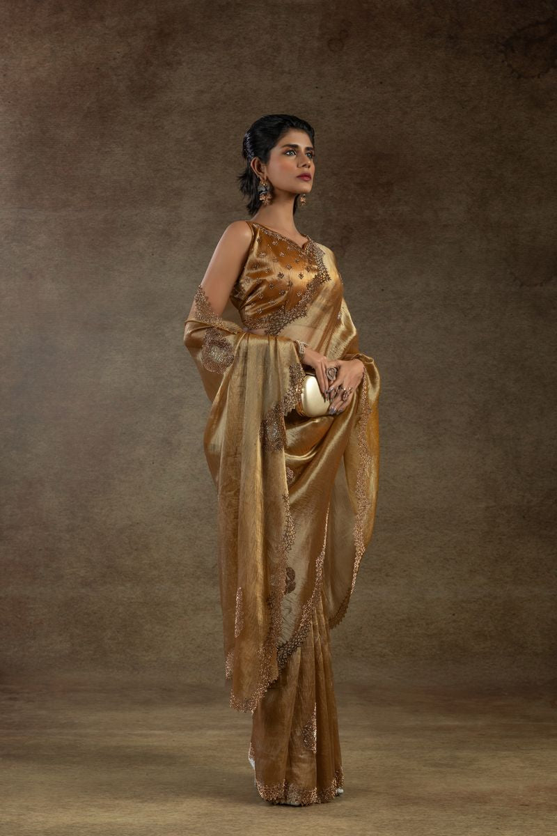 Gold Banarasi Silk With Hand Work & Zarkan Work Saree - qivii