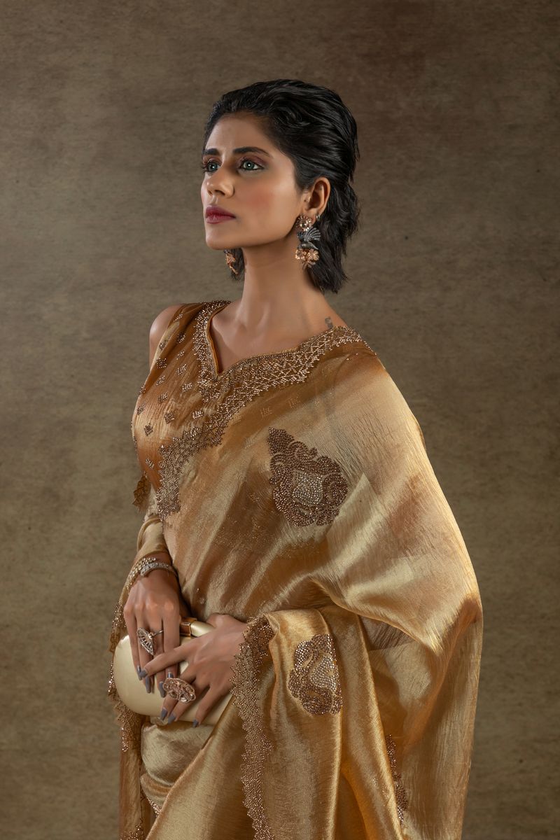Gold Banarasi Silk With Hand Work & Zarkan Work Saree - qivii