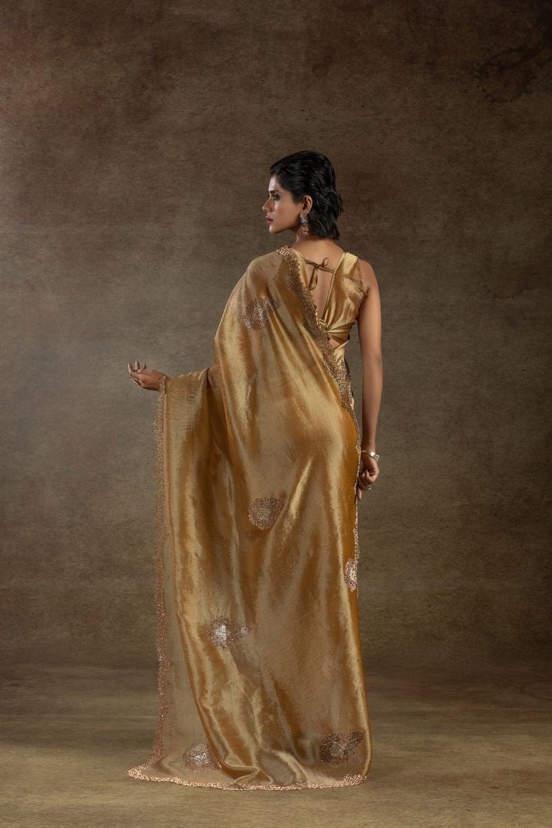 Gold Banarasi Silk With Hand Work & Zarkan Work Saree - qivii
