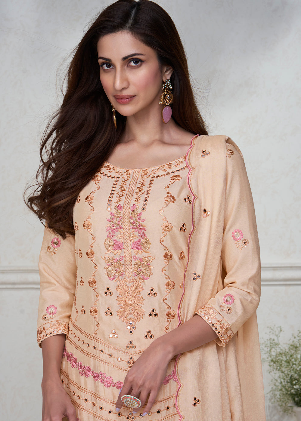 Beige Brown Embroidered Chinon Silk Plazzo Suit - qivii