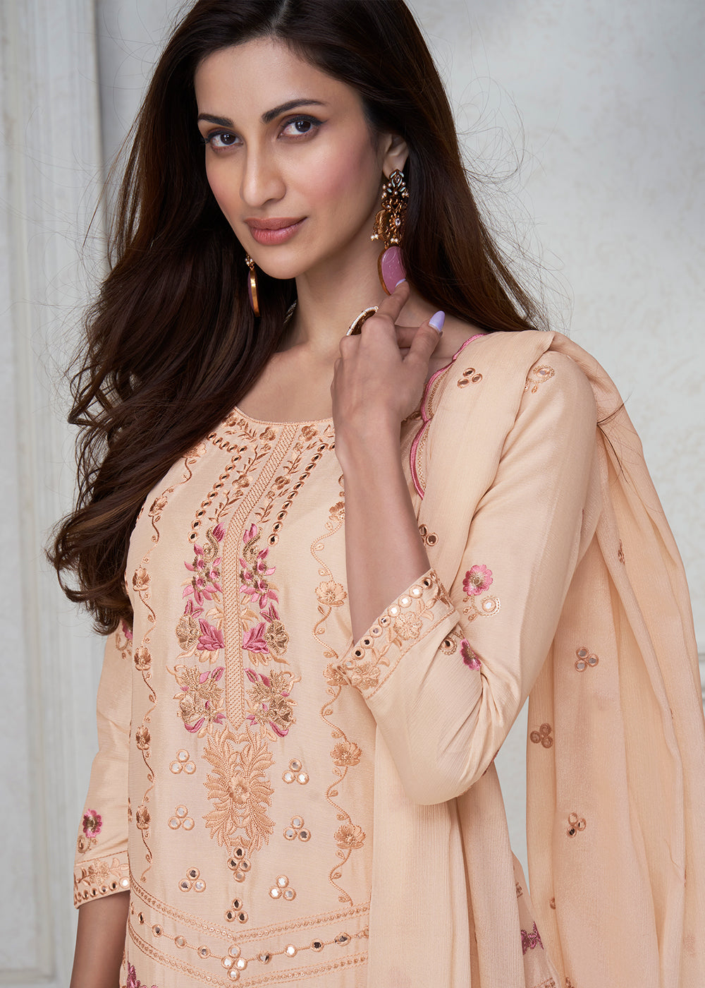 Beige Brown Embroidered Chinon Silk Plazzo Suit - qivii