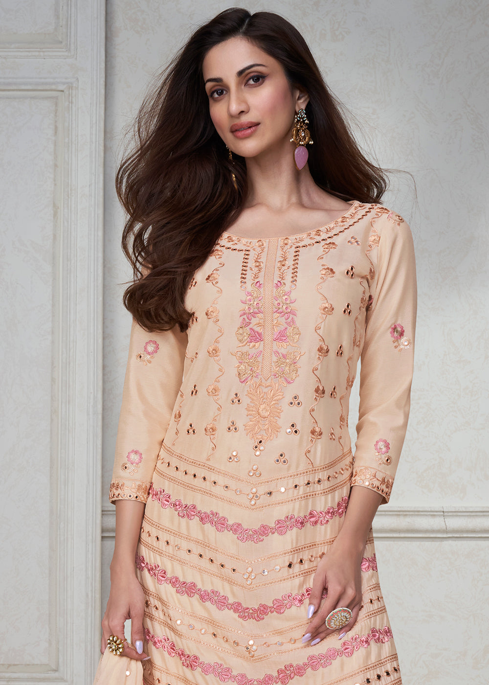 Beige Brown Embroidered Chinon Silk Plazzo Suit - qivii