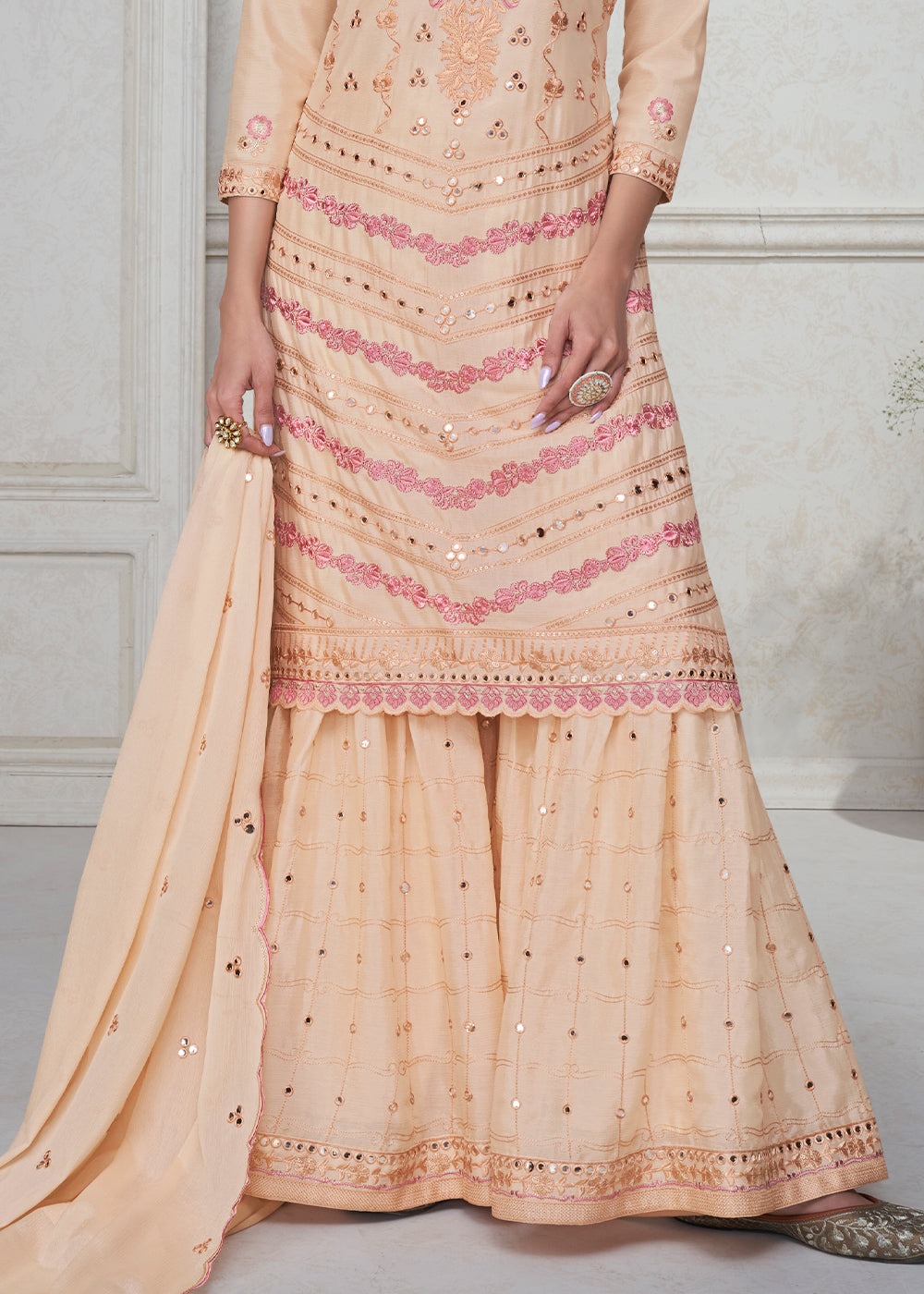 Beige Brown Embroidered Chinon Silk Plazzo Suit - qivii