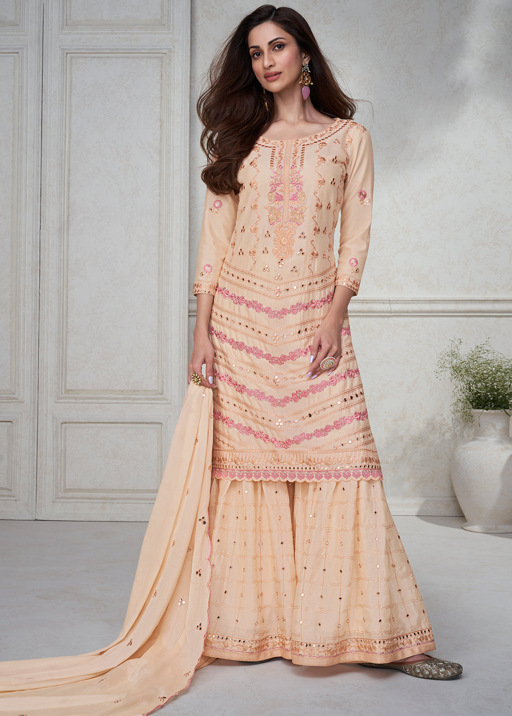 Beige Brown Embroidered Chinon Silk Plazzo Suit - qivii