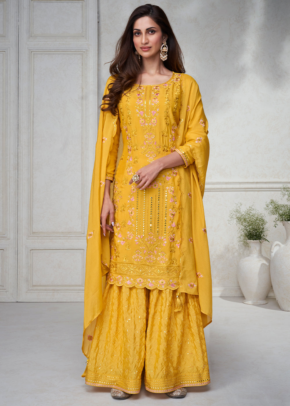 Tuscany Yellow Embroidered Chinon Silk Plazzo Suit - qivii