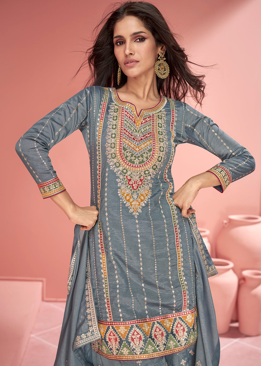 Steel Grey Organza Silk Plazzo Suit with Embroidery work - qivii
