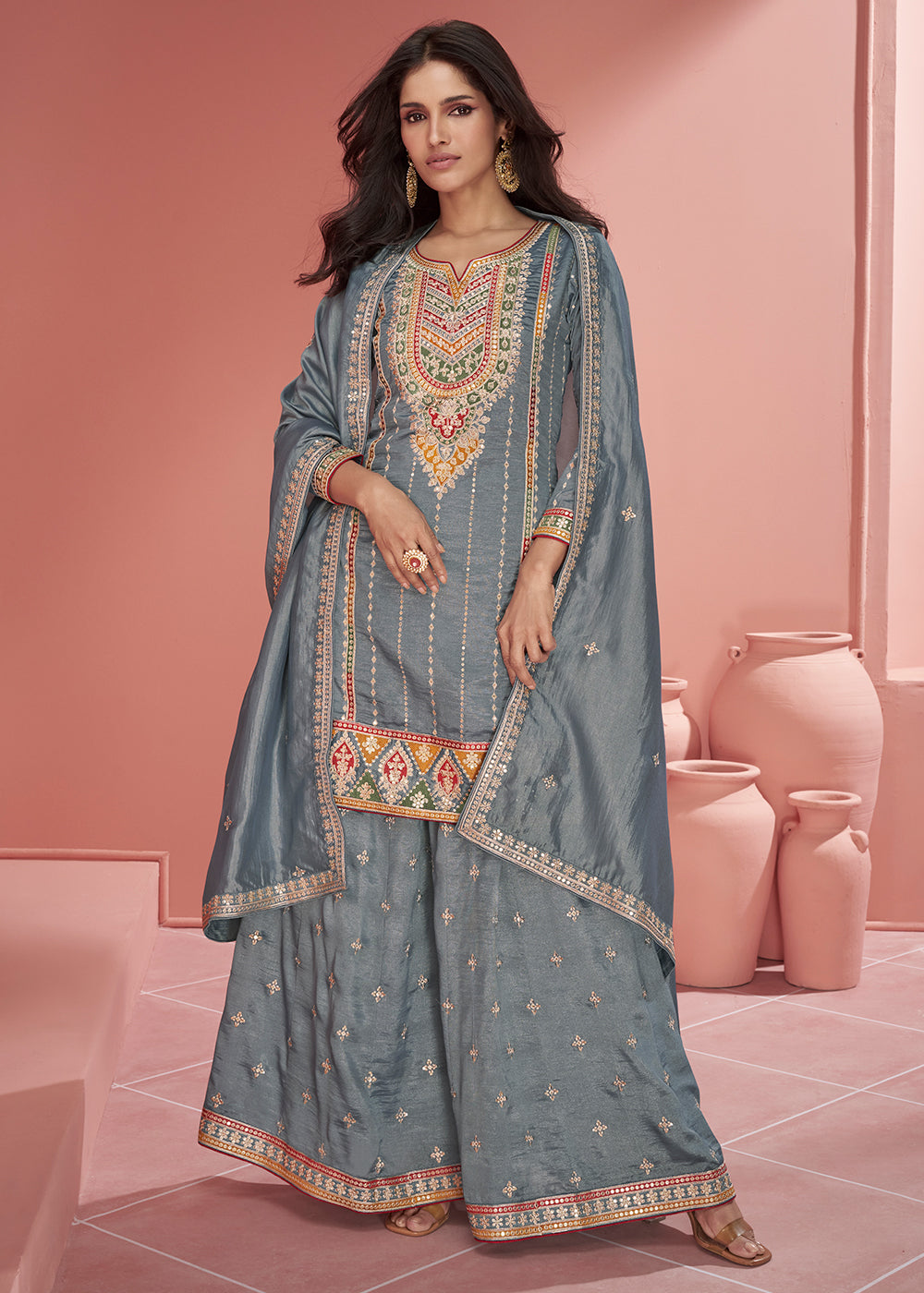 Steel Grey Organza Silk Plazzo Suit with Embroidery work - qivii