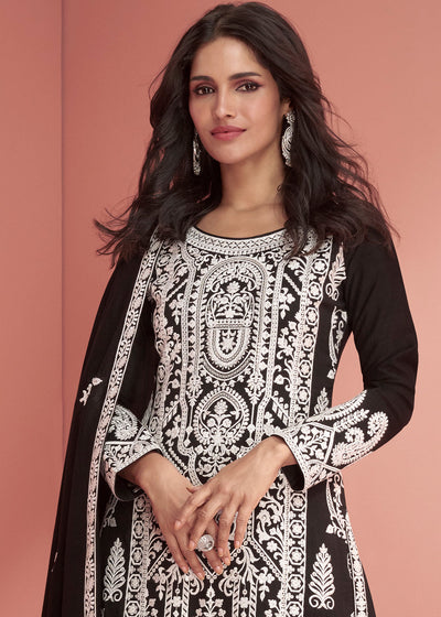 Pebble Black Silk Designer Plazzo Suit with Intricate Embroidery work By Qivii
