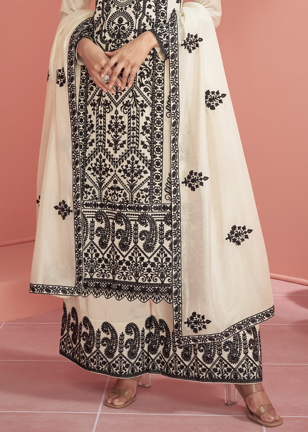 Daisy White Silk Designer Plazzo Suit with Intricate Embroidery work - qivii