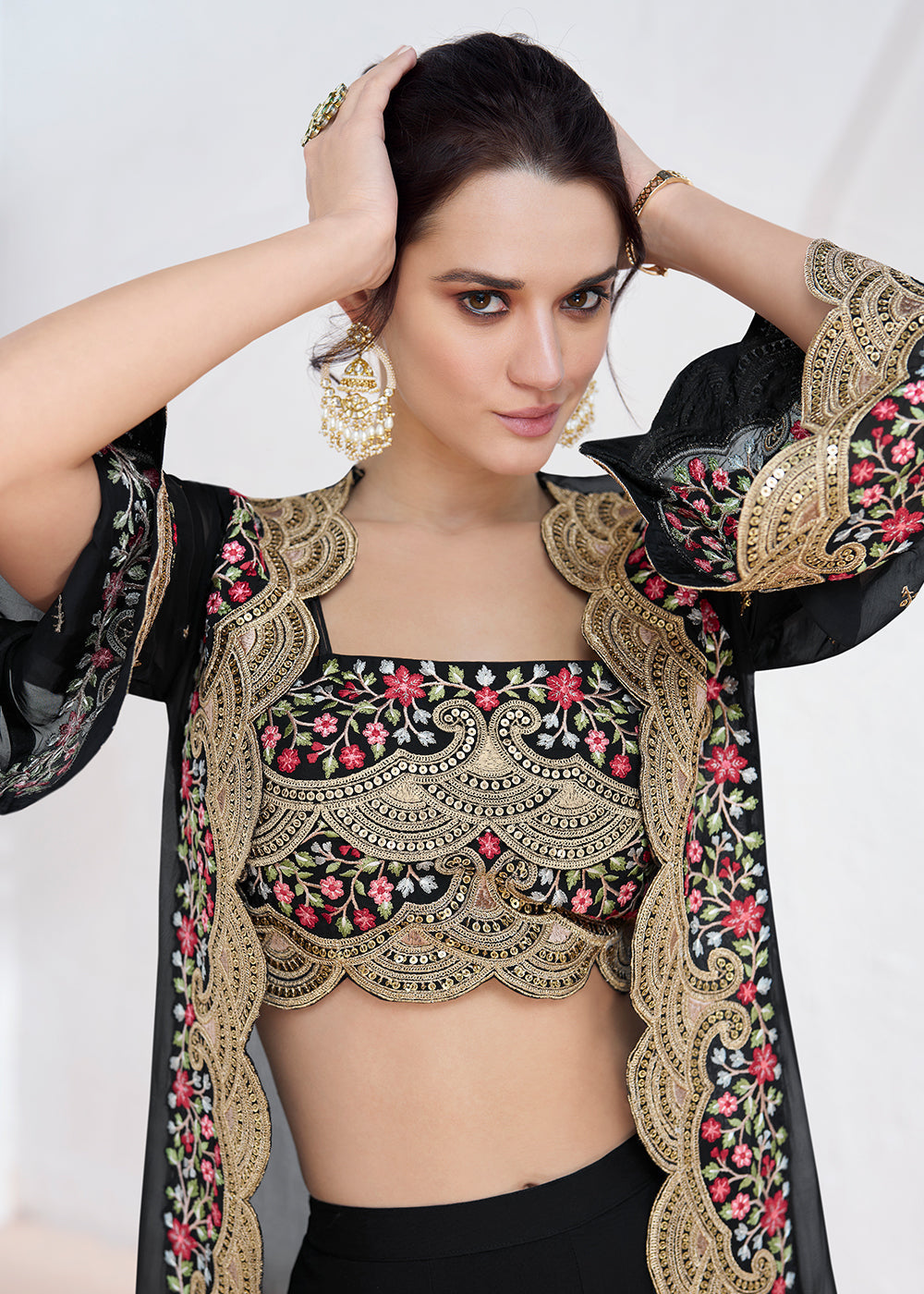 Onyx Black Embroidered Georgette Top & Skirt Set with Jacket - qivii