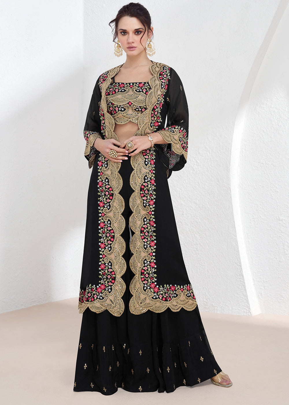 Onyx Black Embroidered Georgette Top & Skirt Set with Jacket - qivii