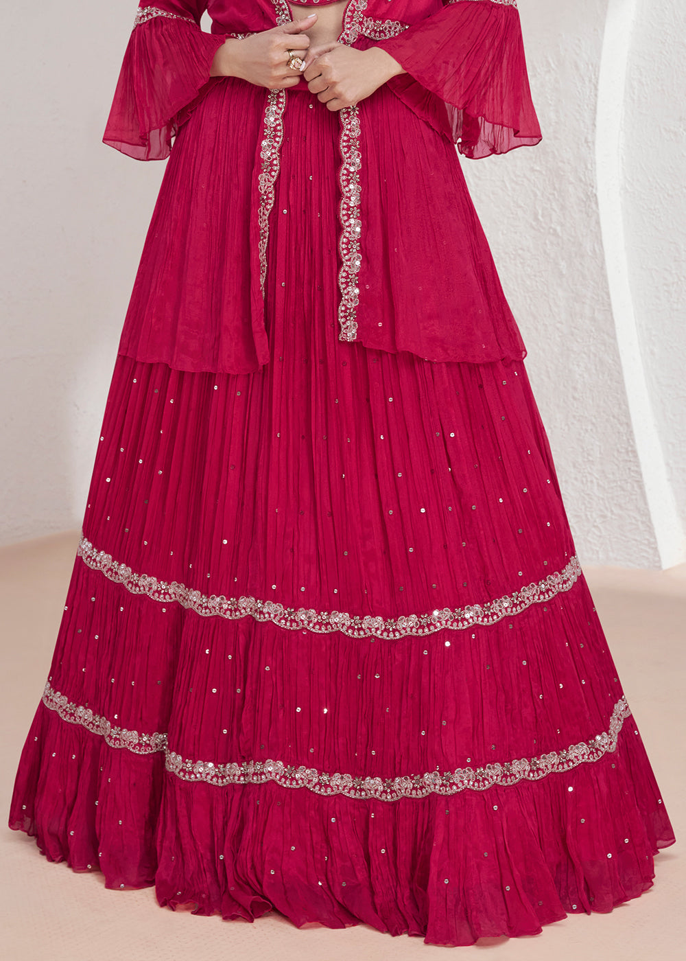 Magenta Pink Embroidered Georgette Top & Skirt Set with Jacket - qivii