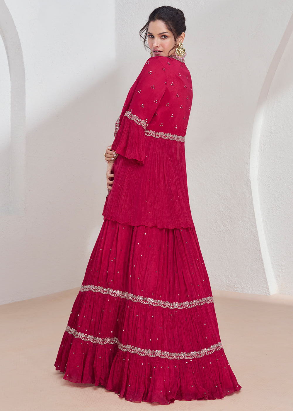 Magenta Pink Embroidered Georgette Top & Skirt Set with Jacket - qivii