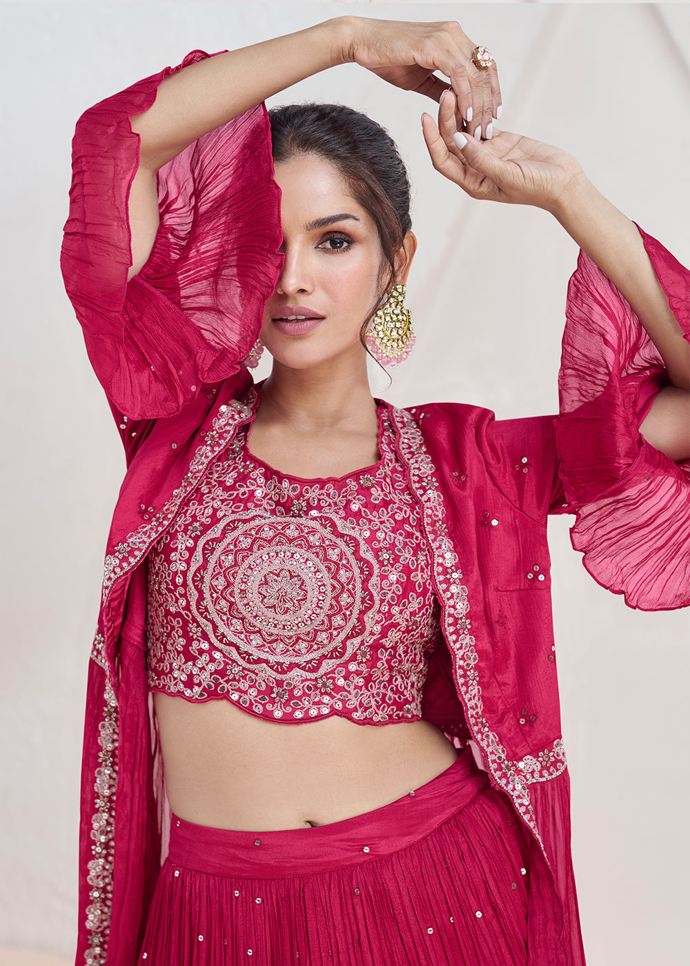 Magenta Pink Embroidered Georgette Top & Skirt Set with Jacket - qivii