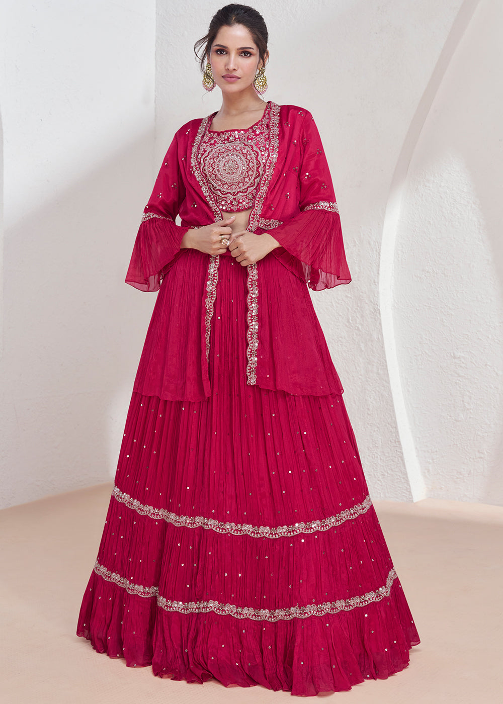 Magenta Pink Embroidered Georgette Top & Skirt Set with Jacket - qivii