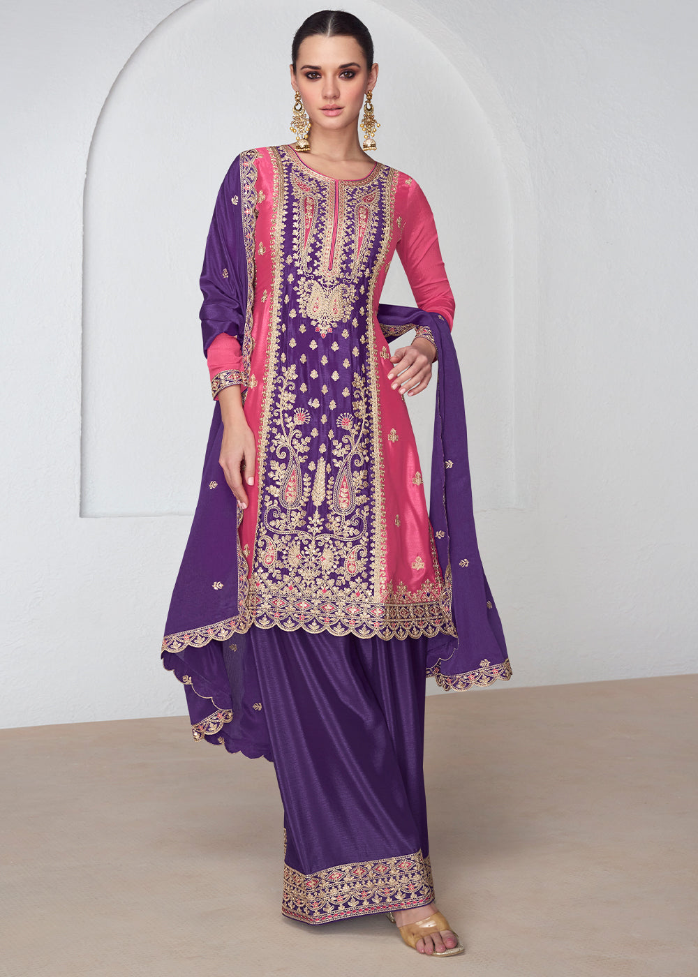 Purple & Pink Embroidered Chinon Silk Plazzo Suit - qivii