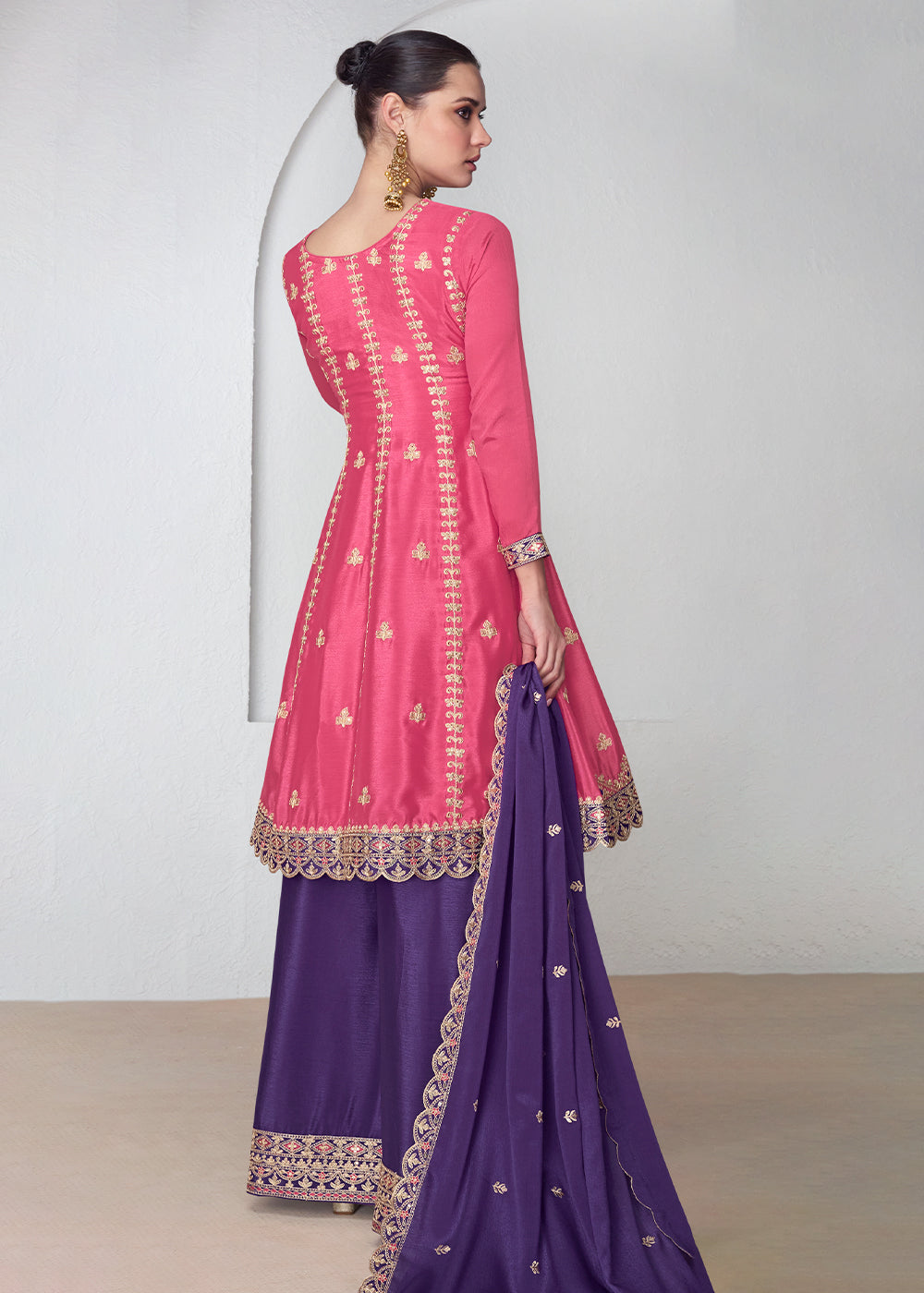 Purple & Pink Embroidered Chinon Silk Plazzo Suit - qivii