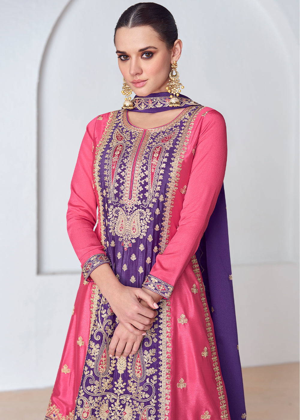 Purple & Pink Embroidered Chinon Silk Plazzo Suit - qivii