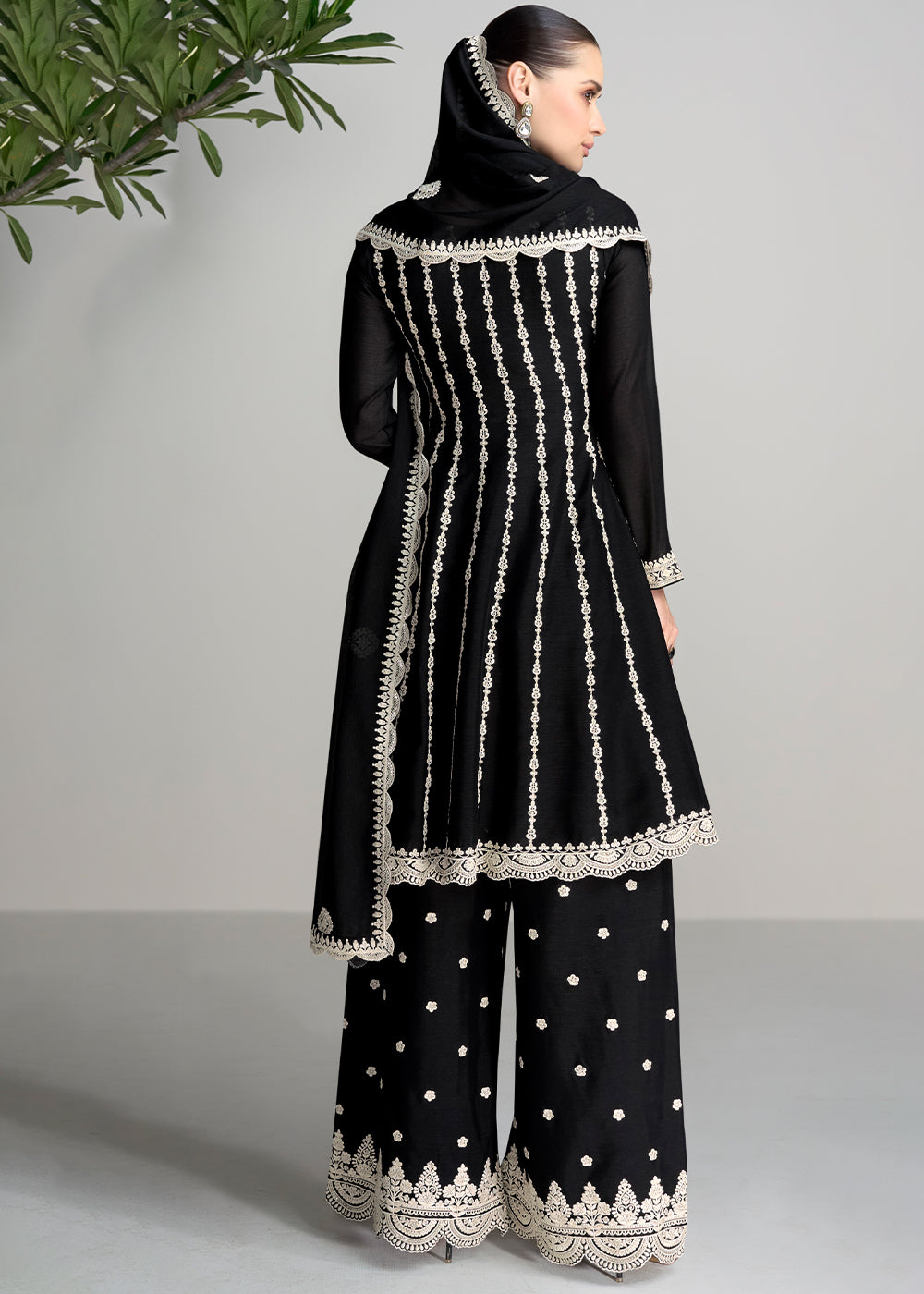 Pebble Black Chinon Silk Salwar Suit with Embroidery work - qivii