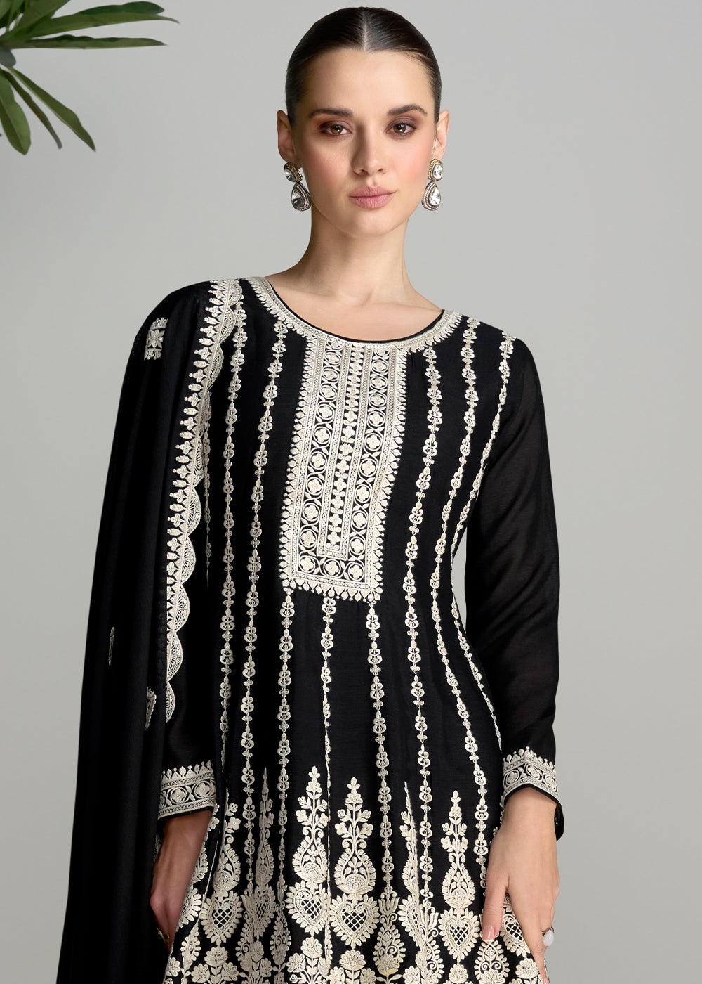 Pebble Black Chinon Silk Salwar Suit with Embroidery work - qivii