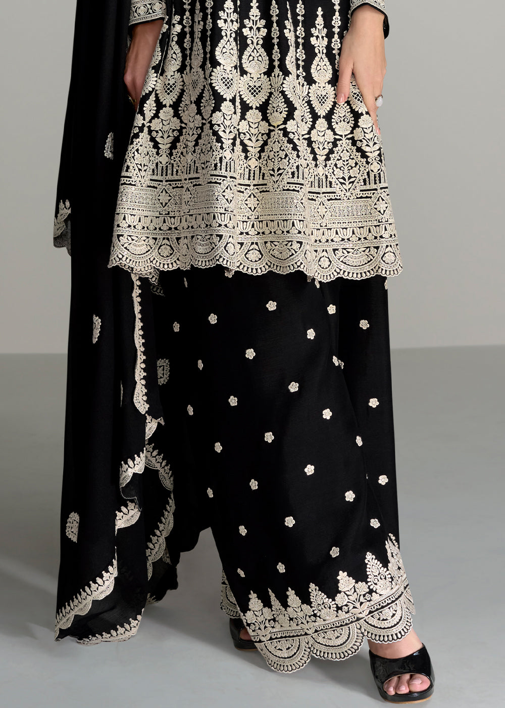 Pebble Black Chinon Silk Salwar Suit with Embroidery work - qivii