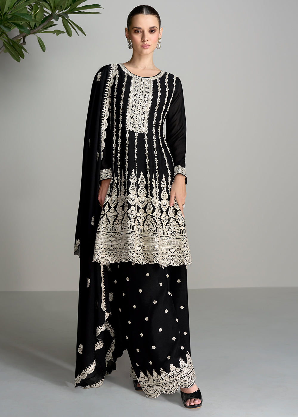 Pebble Black Chinon Silk Salwar Suit with Embroidery work - qivii