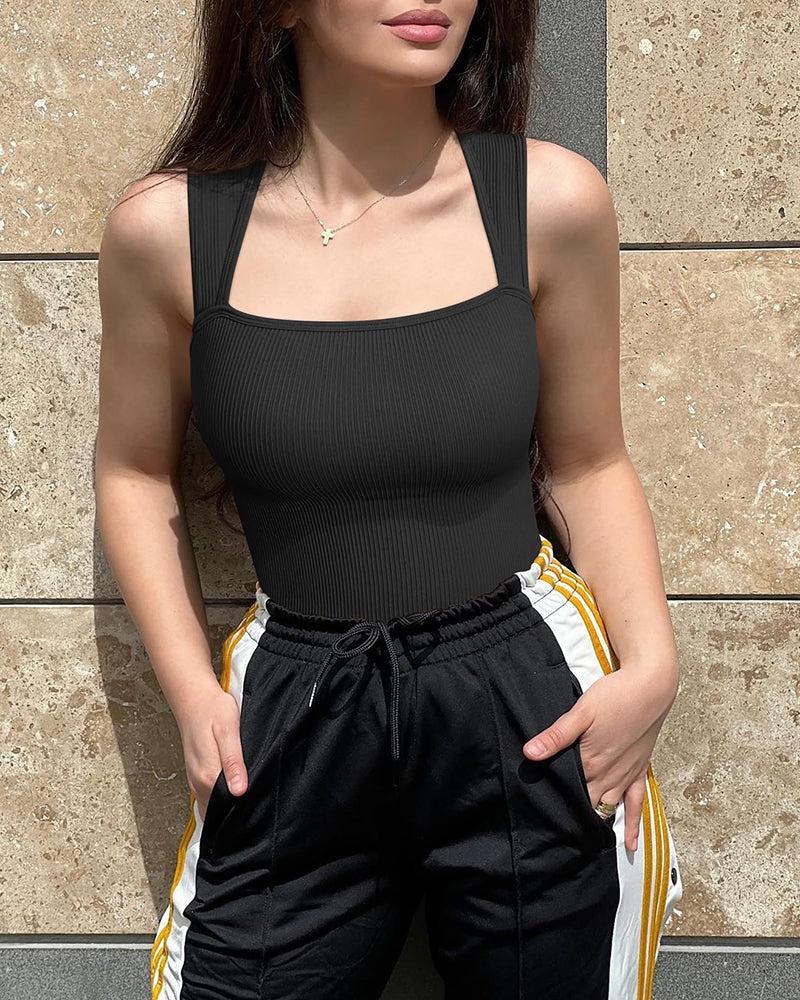 Shapshe® Square Neck Sleeveless Knit Ribbed Seamless Tummy Control Tank Tops Bodysuit - By Qivii