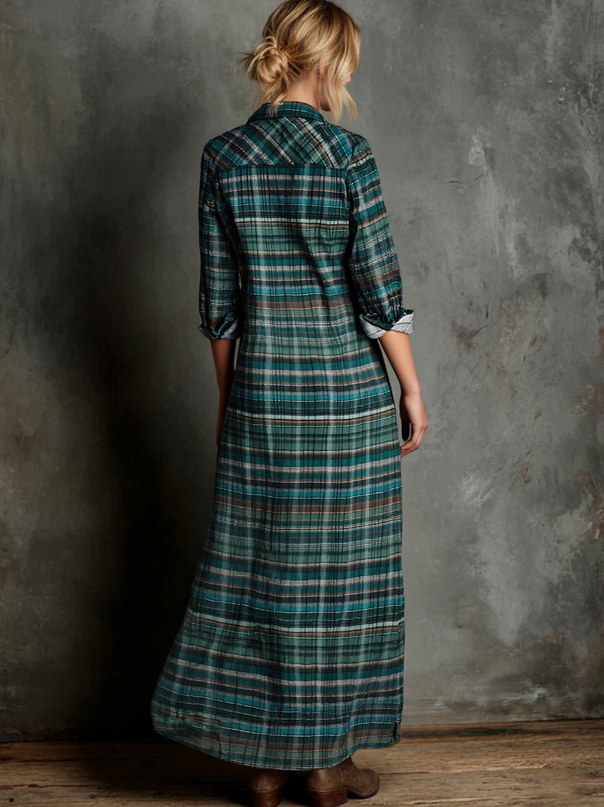 Women's Plaid Print Long-sleeved Shirt Maxi Dress MDA0514L8Y