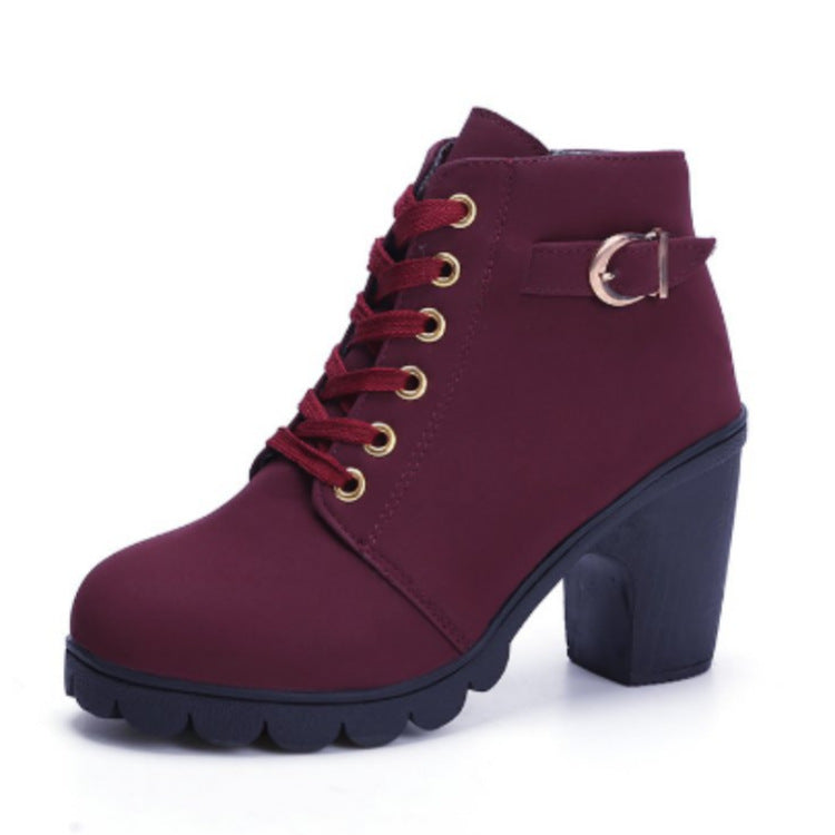 Women's Buckle Decorated Chunky Heel Ankle Boots - Side Zipper & Lace-Up Round Toe Mid-Calf Equestrian Boots (US 4-10)