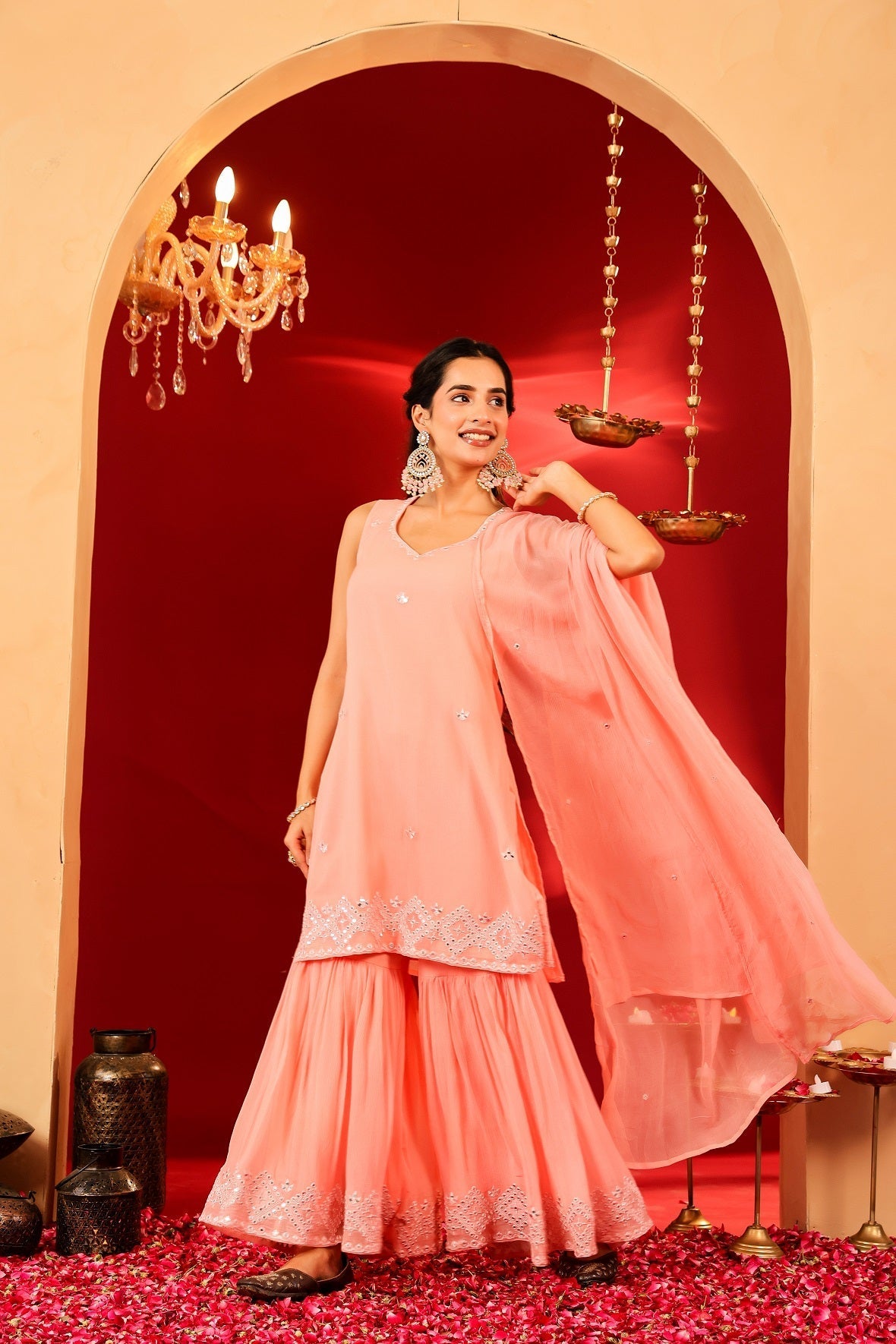 Ragavi Peach Whisper Chinon Sharara Set