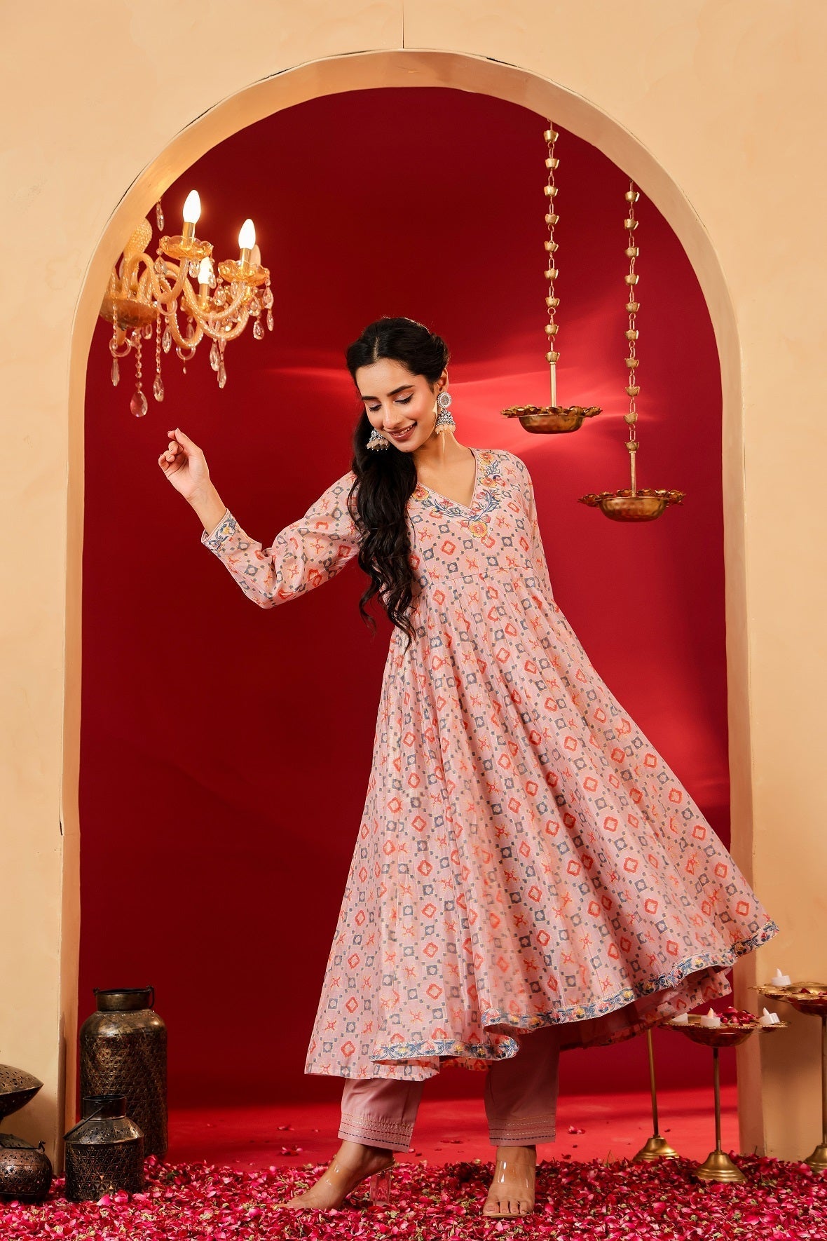 Ragavi Blush Pink Printed Chanderi Kurta Set