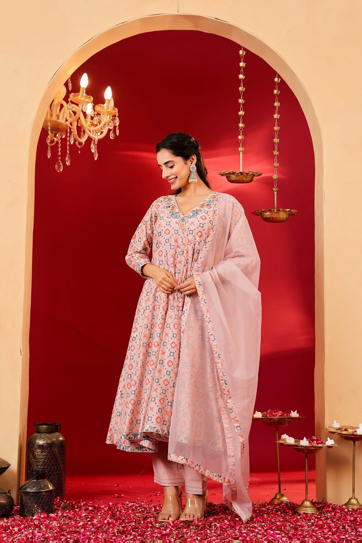 Ragavi Blush Pink Printed Chanderi Kurta Set