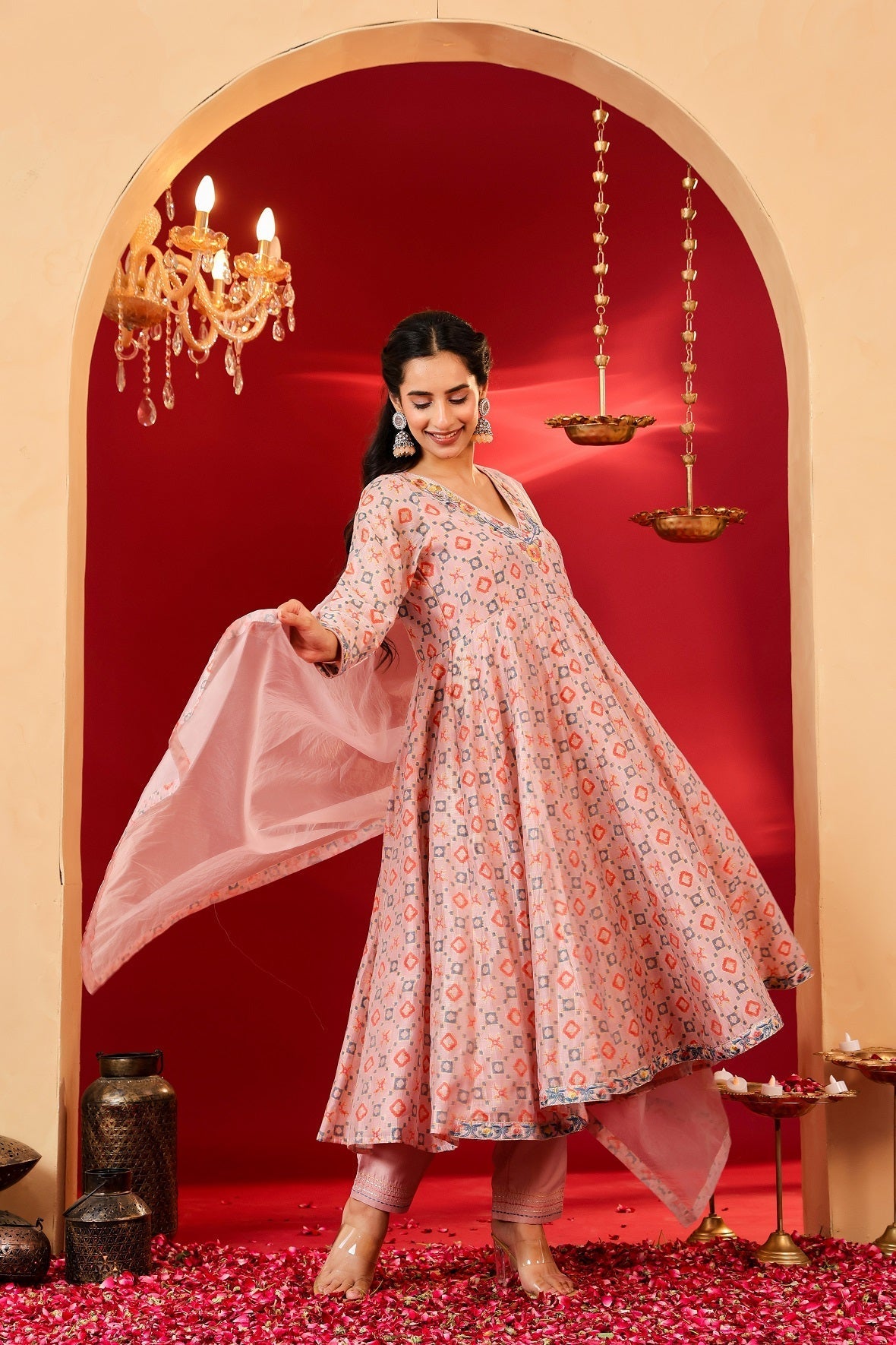Ragavi Blush Pink Printed Chanderi Kurta Set