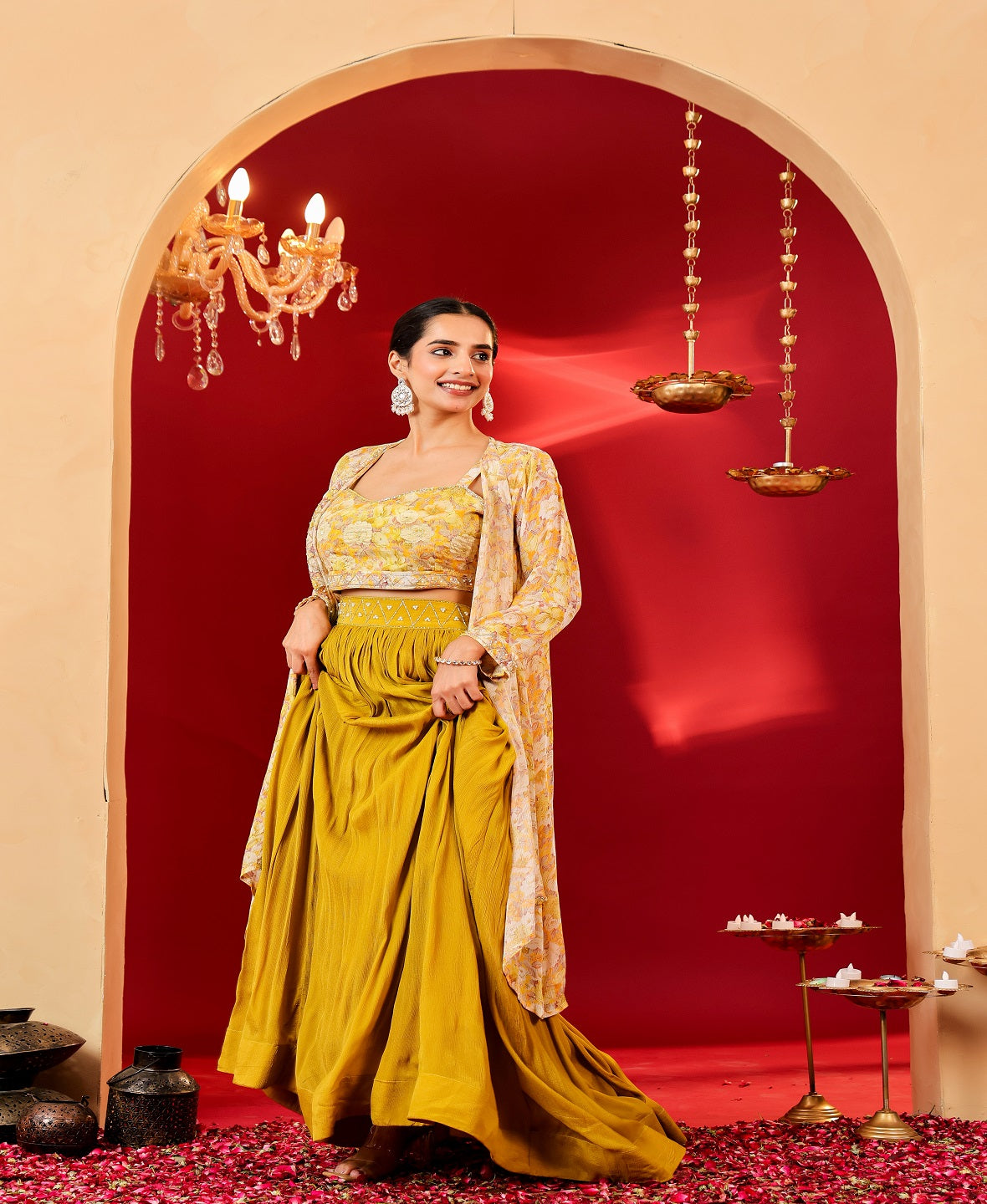 Ragavi Mustard Yellow Floral Chinon Lehenga Set with Printed Cape