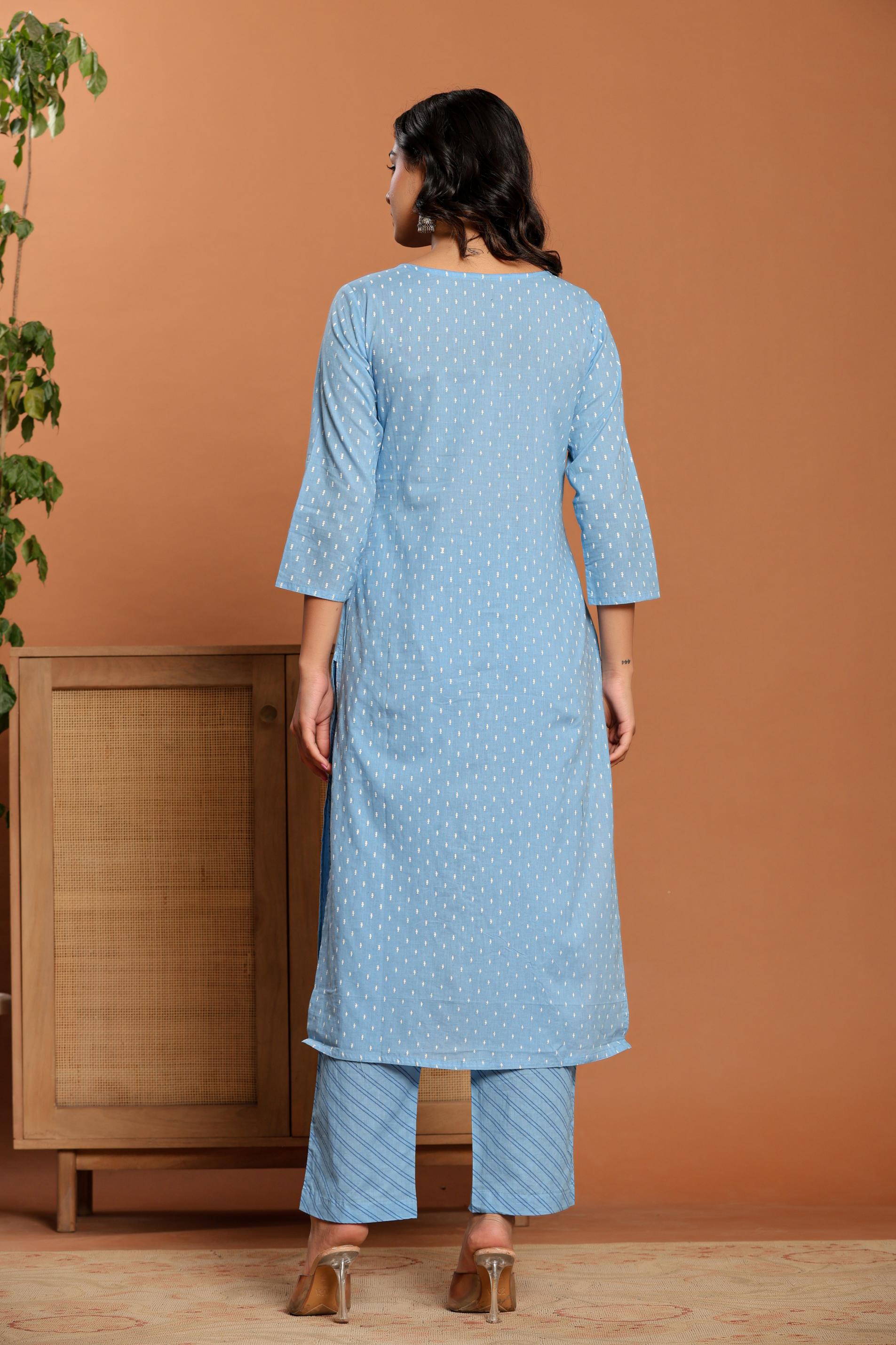 Sky Blue Printed Cotton Kurta Set - qivii