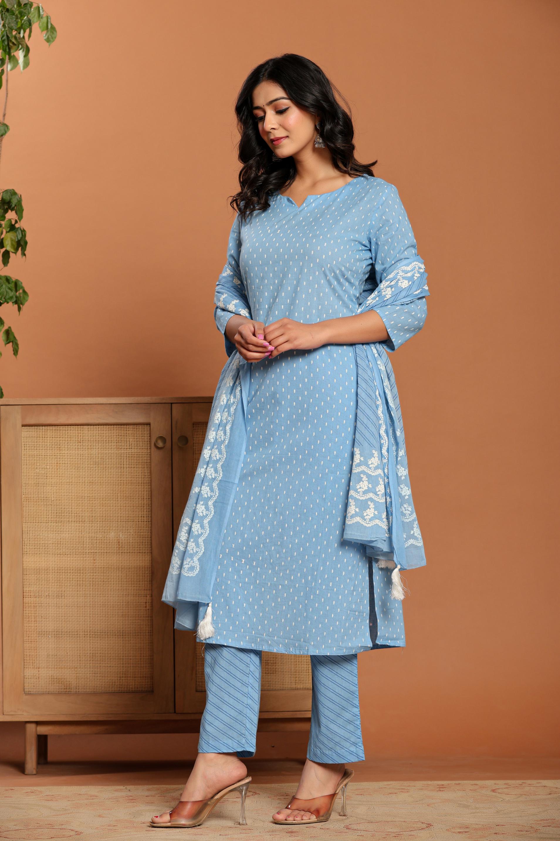 Sky Blue Printed Cotton Kurta Set - qivii