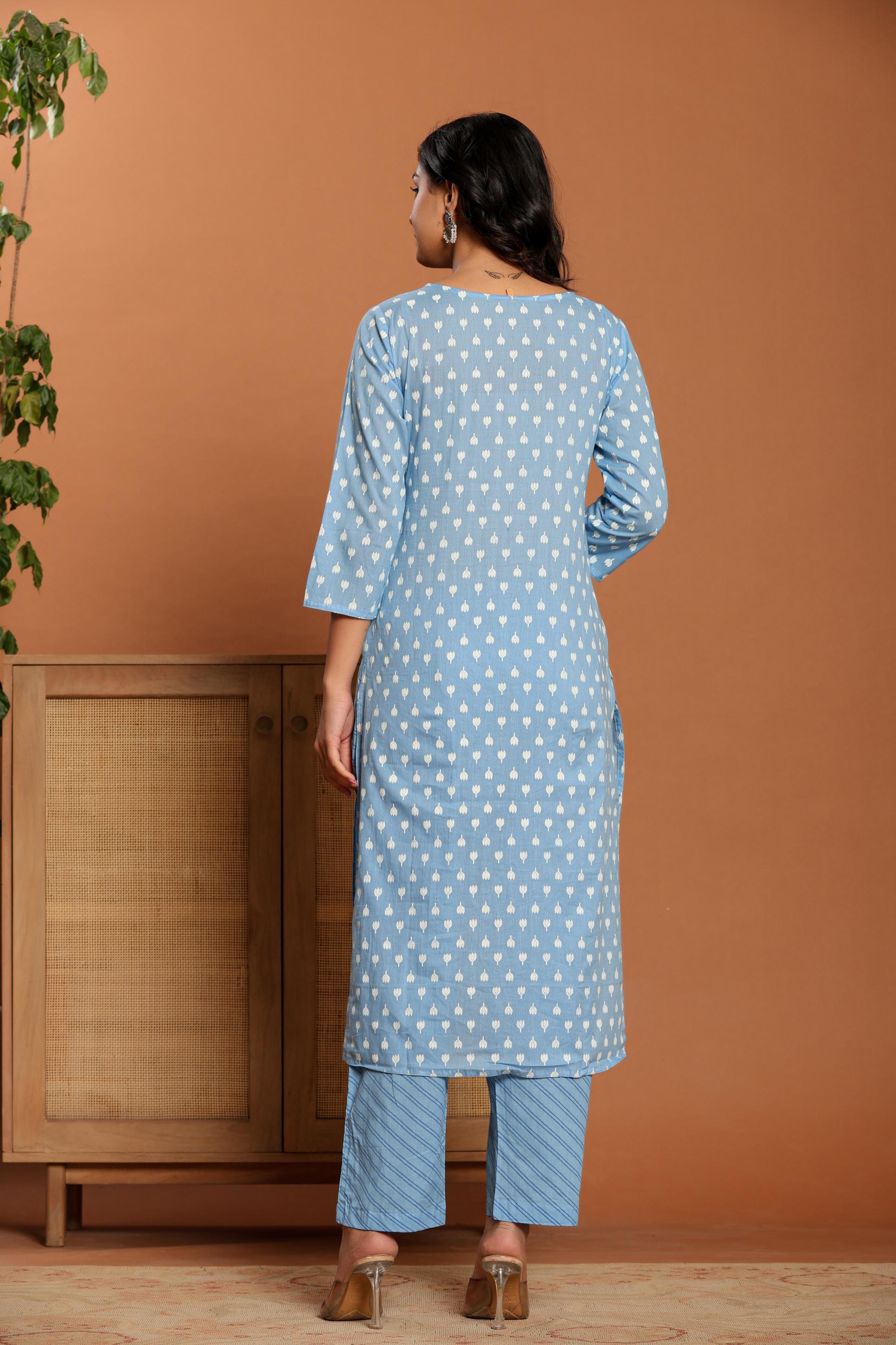 Sky Blue Printed Cotton Kurta Set - qivii