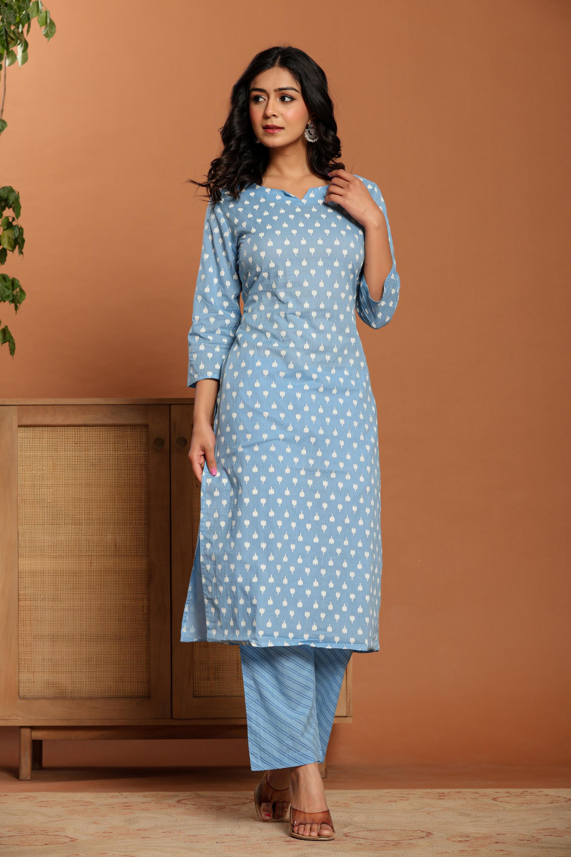 Sky Blue Printed Cotton Kurta Set - qivii